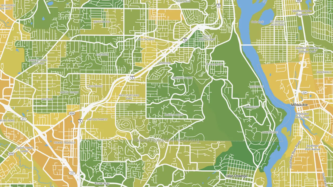 Map of the best neighborhoods in the Far Southwest, Portland area, with better matches in green and worse matches in red