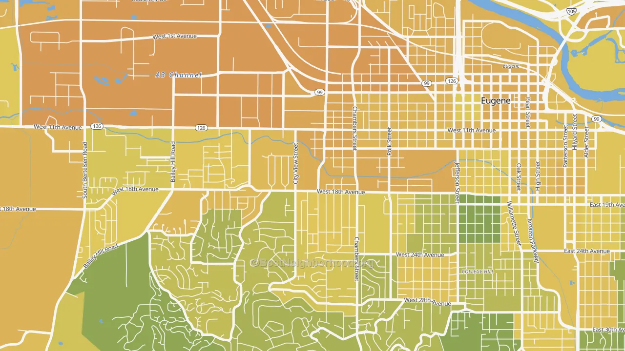 Map of the best neighborhoods in the Far West Eugene, Eugene area, with better matches in green and worse matches in red