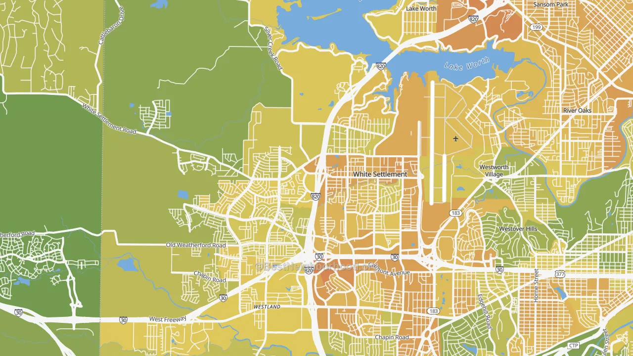 Map of the best neighborhoods in the Far West, Fort Worth area, with better matches in green and worse matches in red