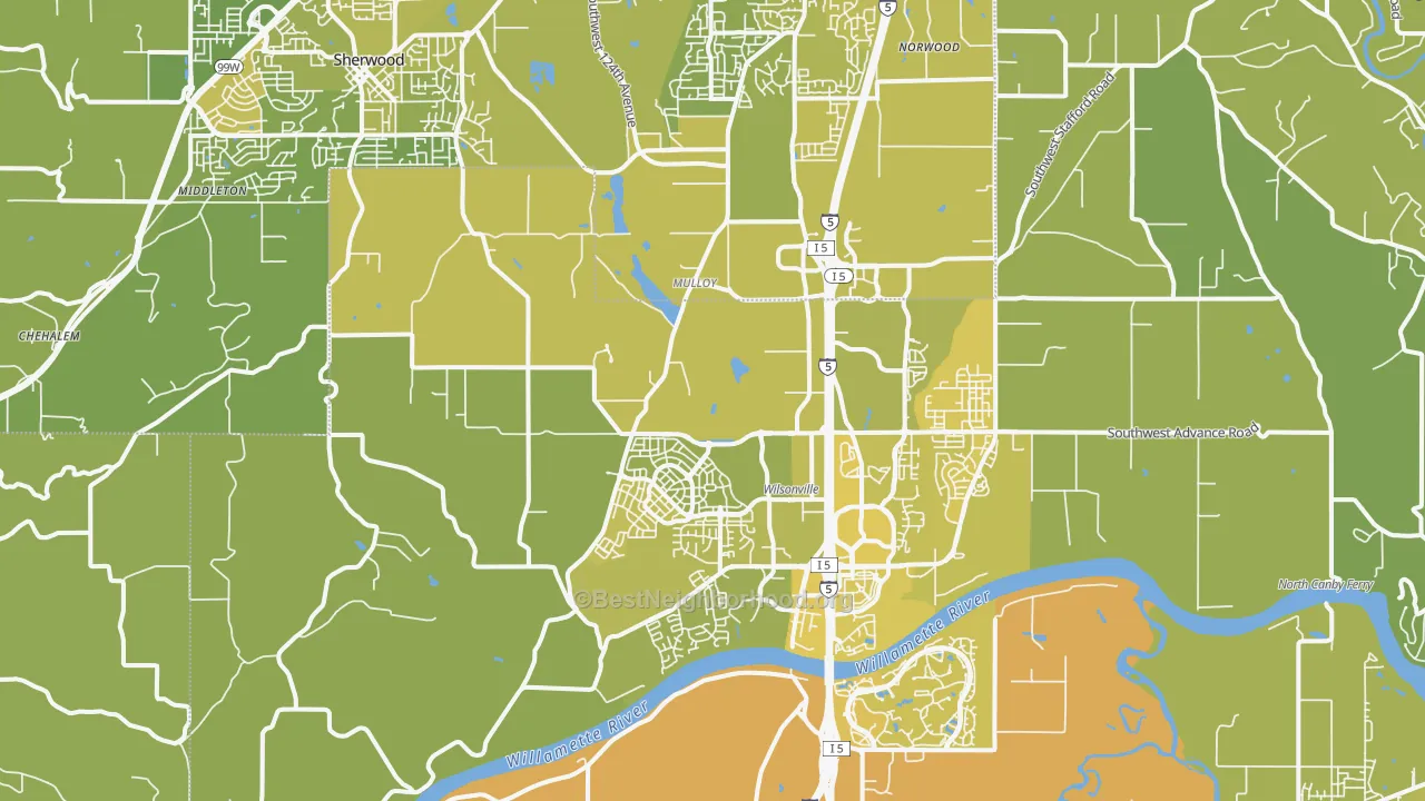Map of the best neighborhoods in the Far West, Wilsonville area, with better matches in green and worse matches in red