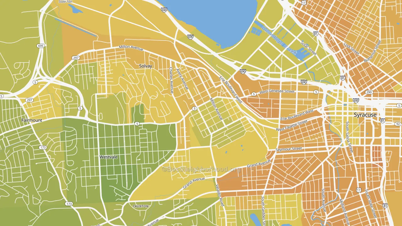 Map of the best neighborhoods in the Far Westside, Syracuse area, with better matches in green and worse matches in red
