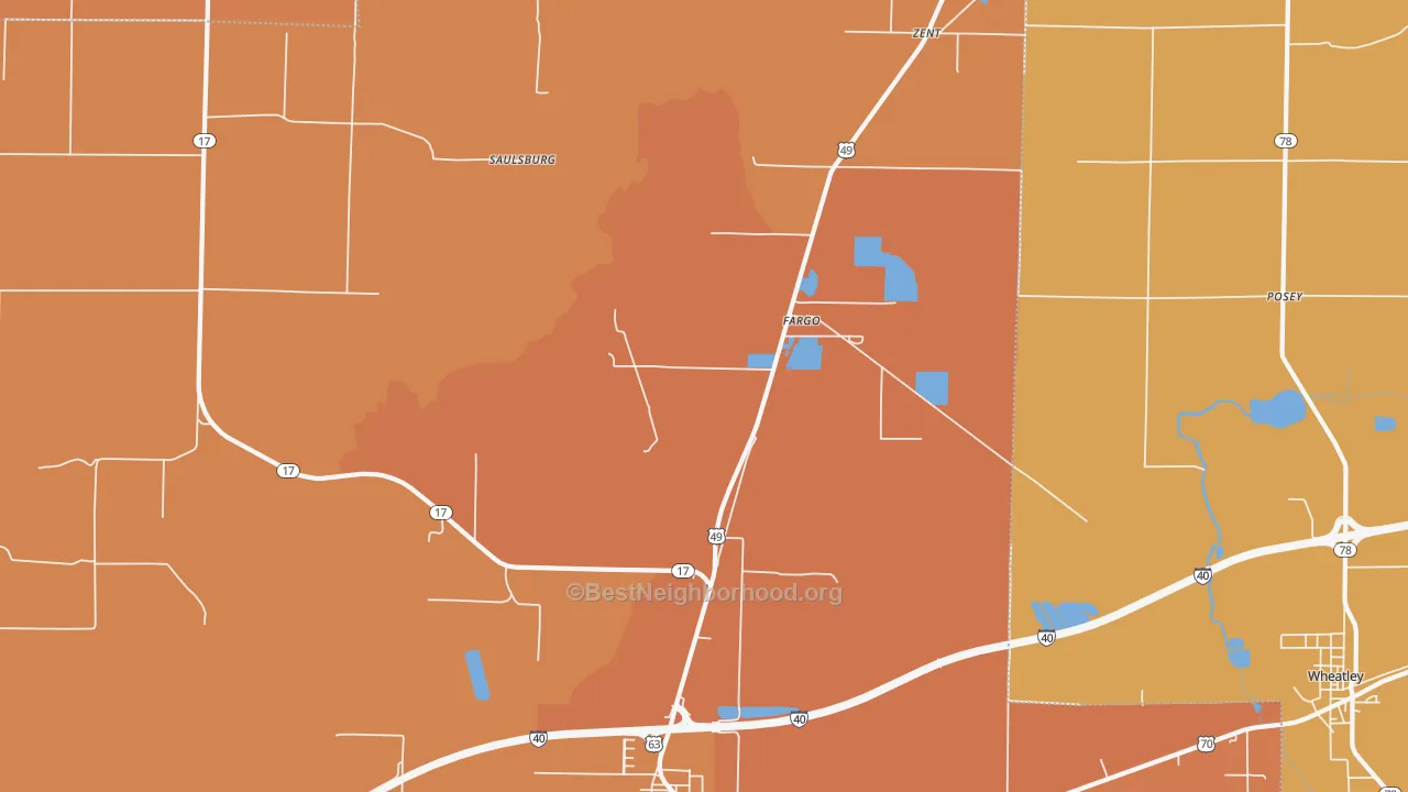 Map of the best neighborhoods in the Fargo area, with better matches in green and worse matches in red