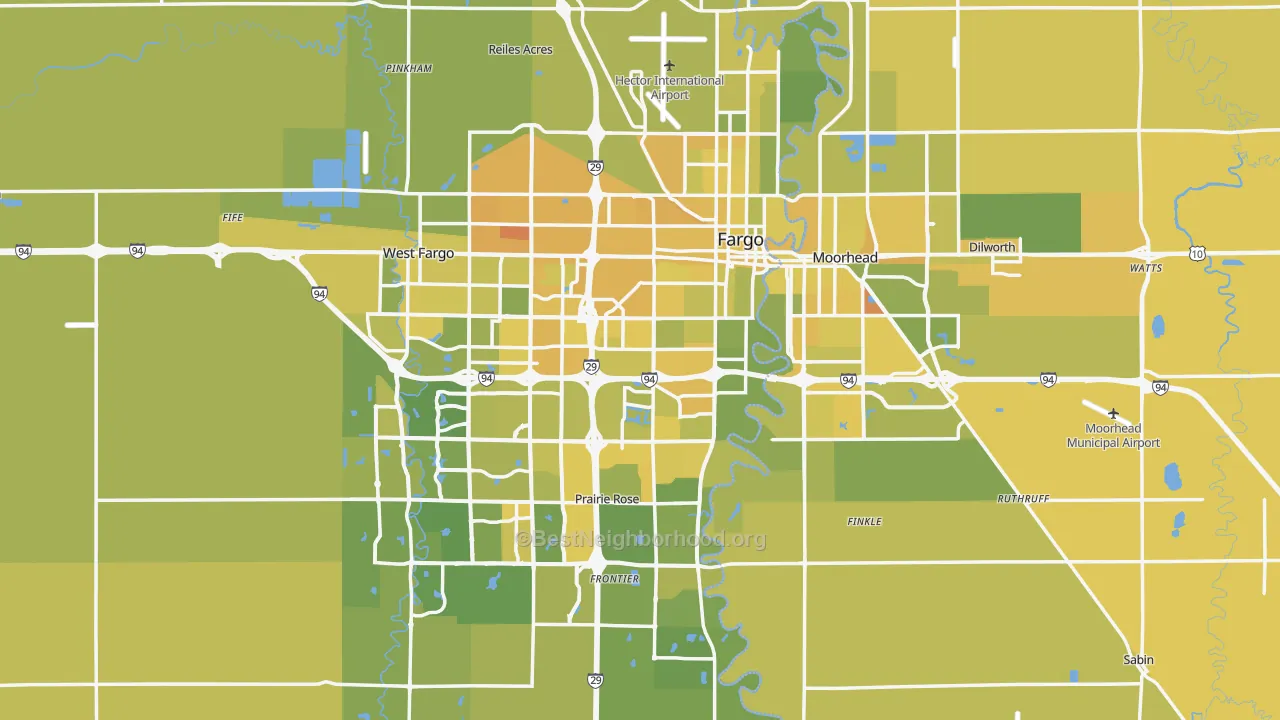 Map of the best neighborhoods in the Fargo Metro area, with better matches in green and worse matches in red