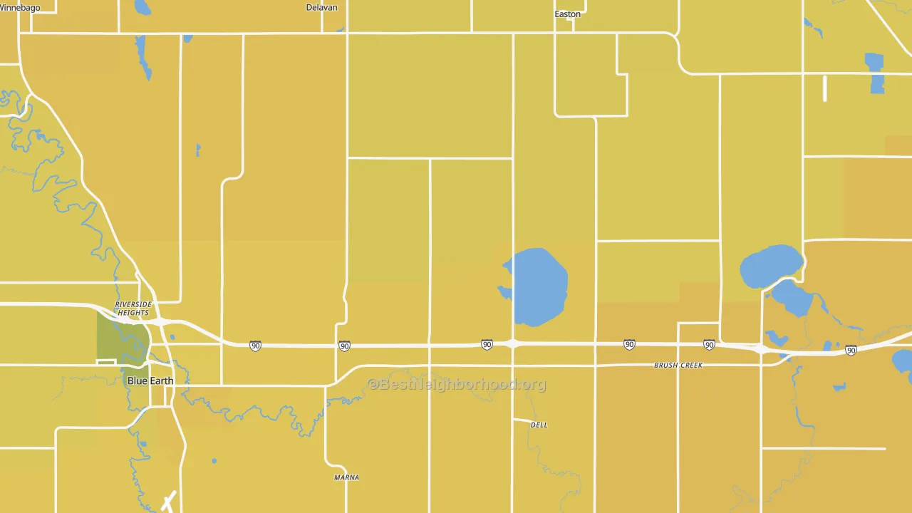 Map of the best neighborhoods in the Faribault County area, with better matches in green and worse matches in red