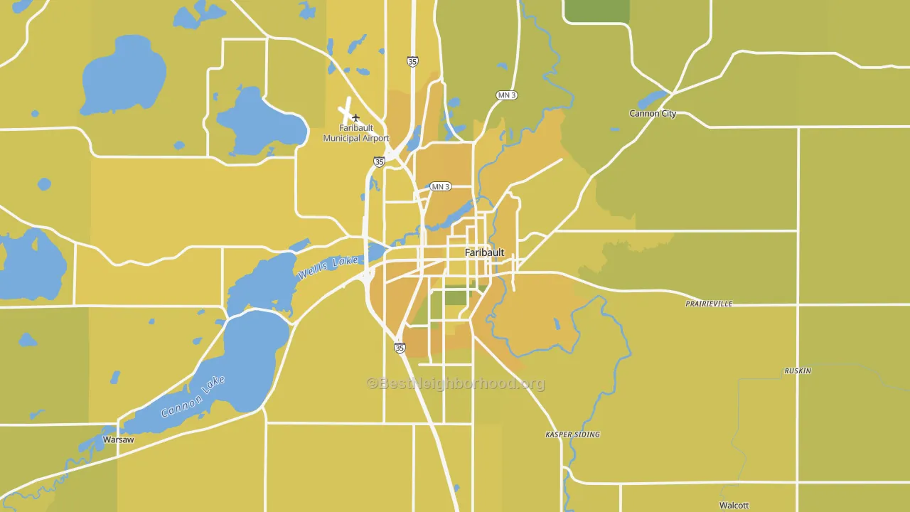 Map of the best neighborhoods in the Faribault area, with better matches in green and worse matches in red