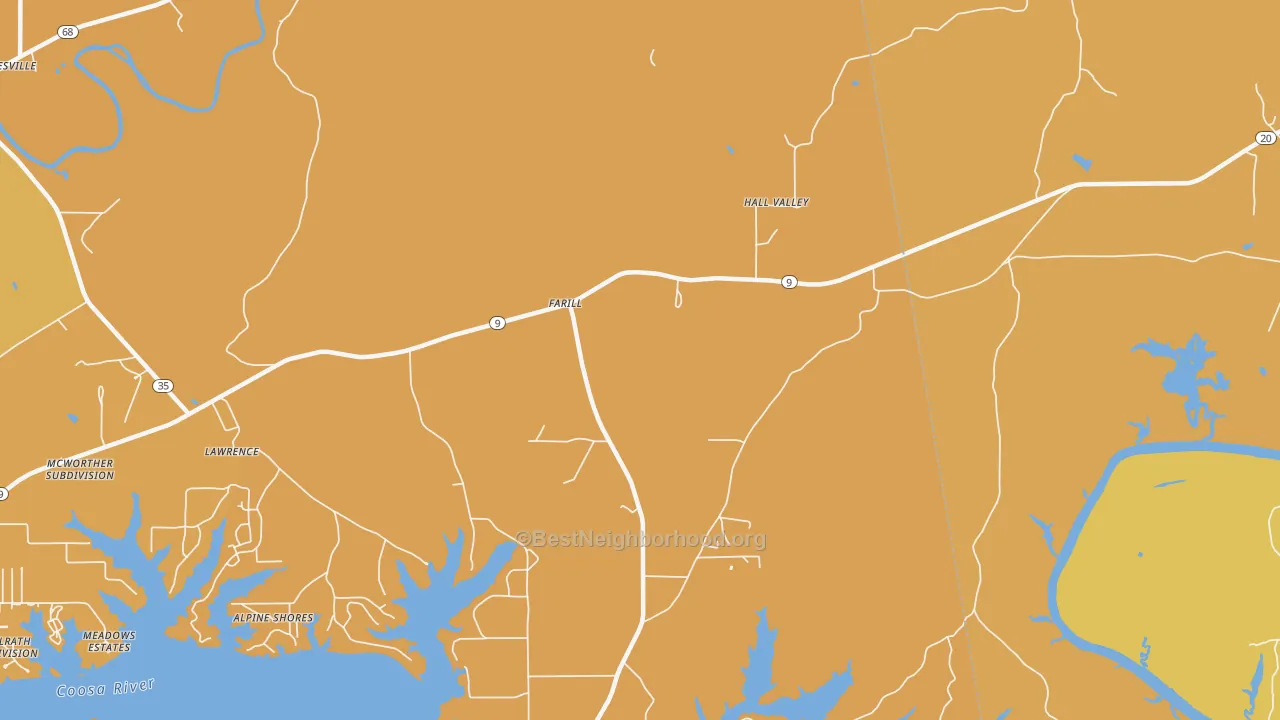 Map of the best neighborhoods in the Farill area, with better matches in green and worse matches in red