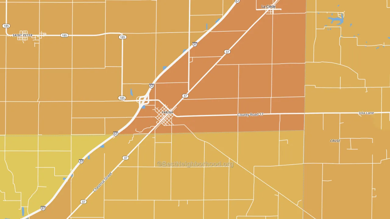 Map of the best neighborhoods in the Farina area, with better matches in green and worse matches in red