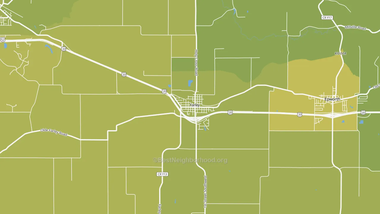 Map of the best neighborhoods in the Farley area, with better matches in green and worse matches in red