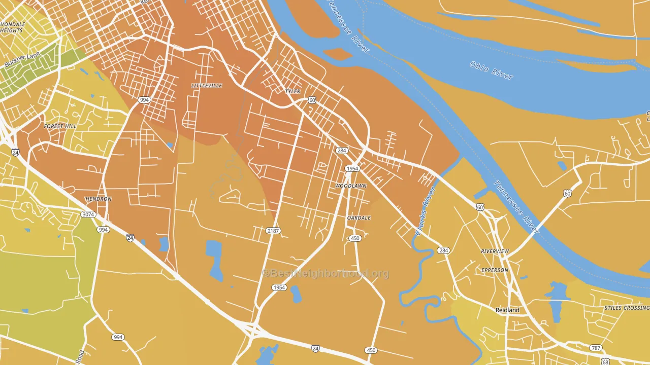 Map of the best neighborhoods in the Farley area, with better matches in green and worse matches in red