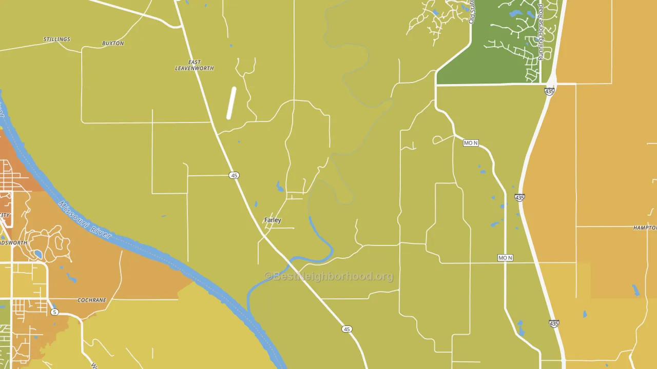 Map of the best neighborhoods in the Farley area, with better matches in green and worse matches in red