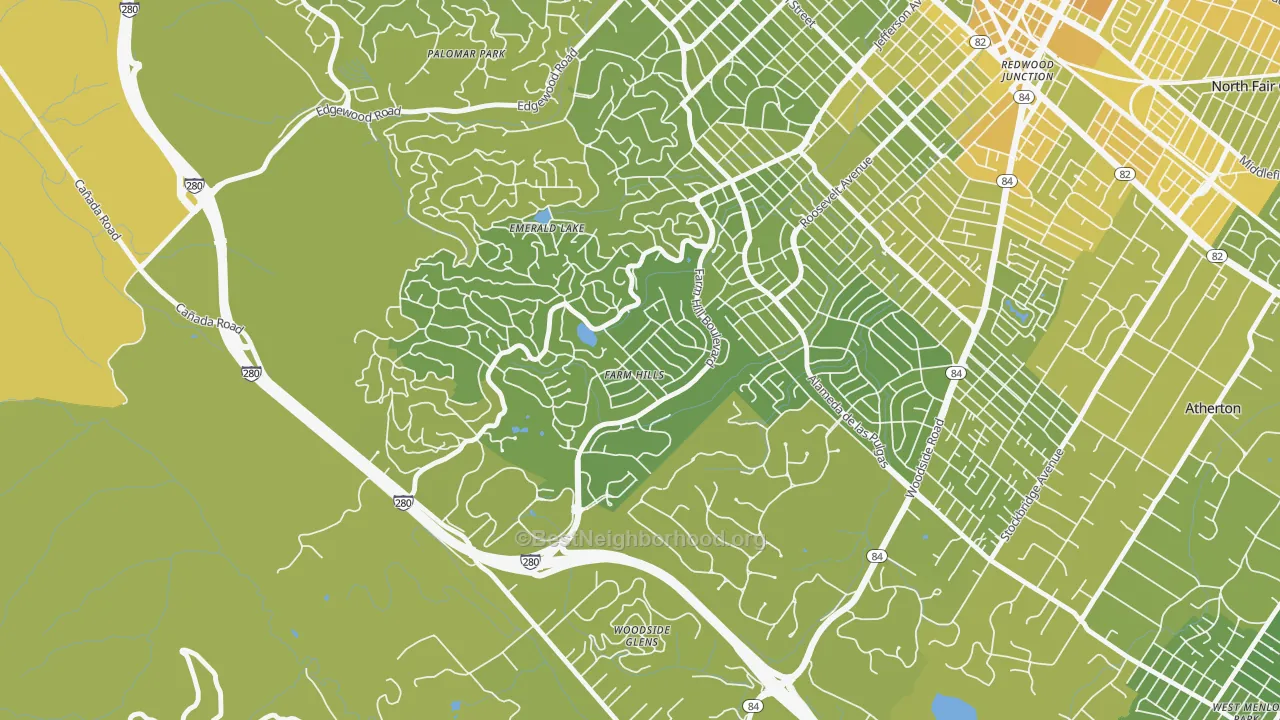 Map of the best neighborhoods in the Farm Hills, Redwood City area, with better matches in green and worse matches in red