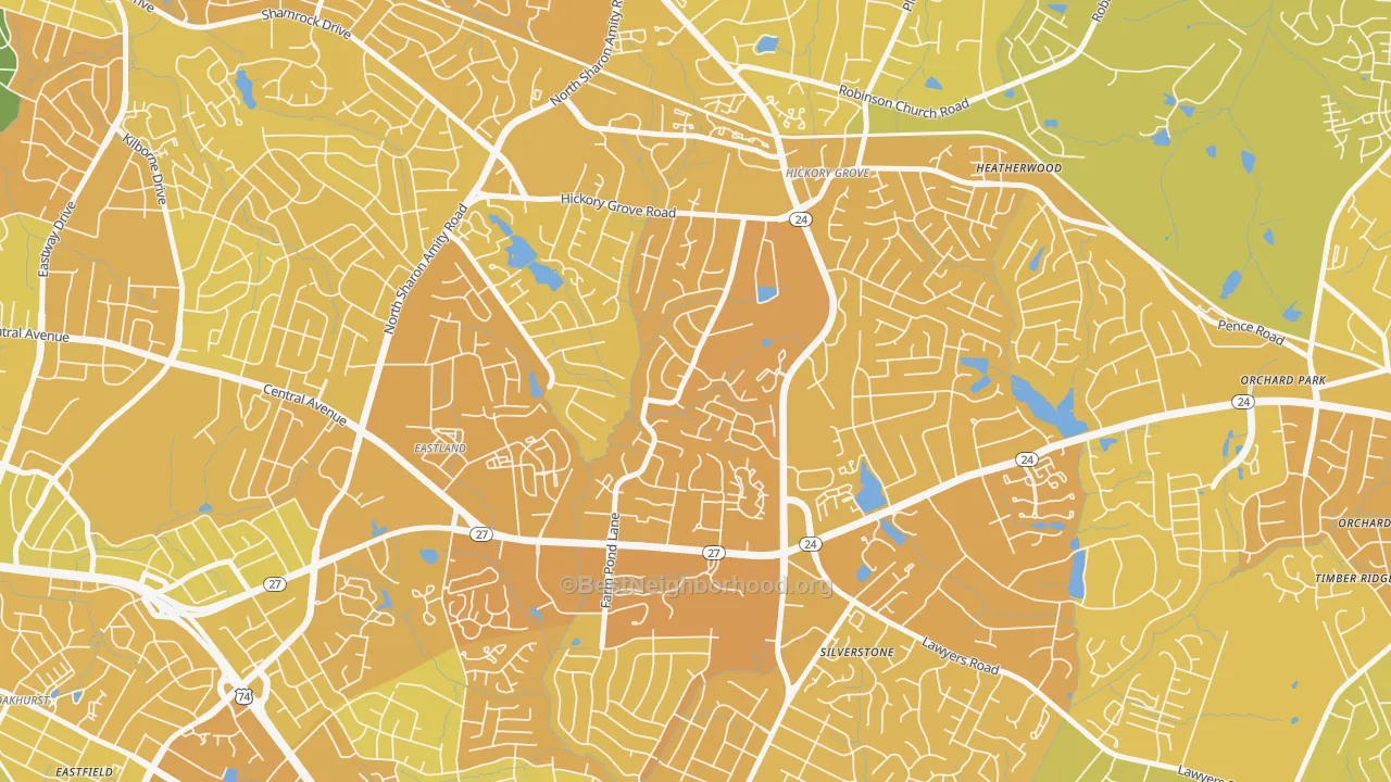 Map of the best neighborhoods in the Farm Pond, Charlotte area, with better matches in green and worse matches in red