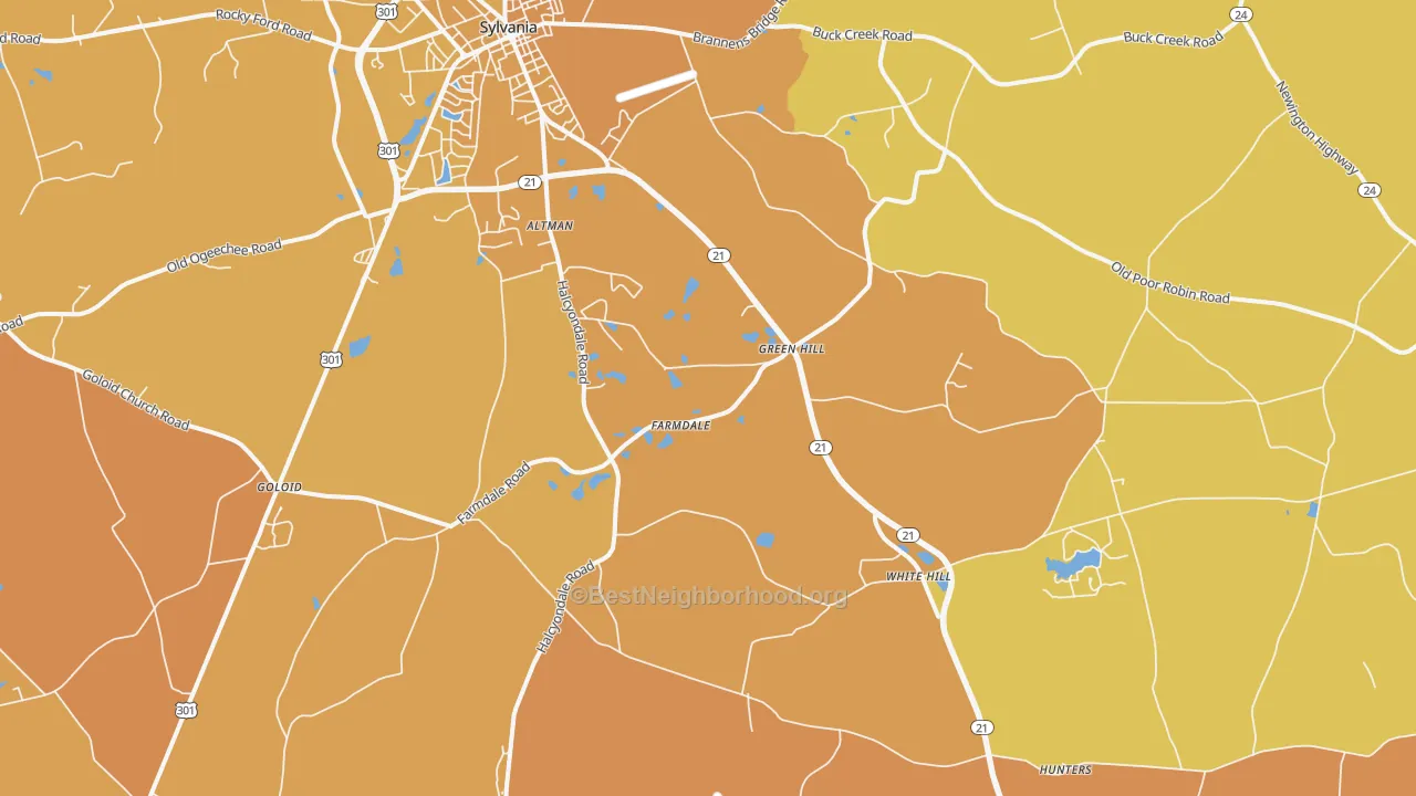 Map of the best neighborhoods in the Farmdale area, with better matches in green and worse matches in red