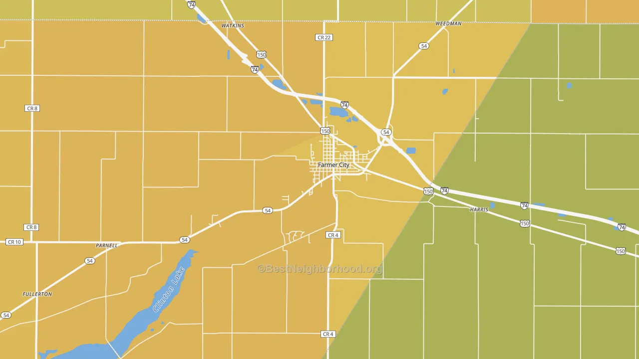 Map of the best neighborhoods in the Farmer City area, with better matches in green and worse matches in red