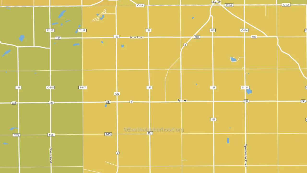 Map of the best neighborhoods in the Farmer area, with better matches in green and worse matches in red