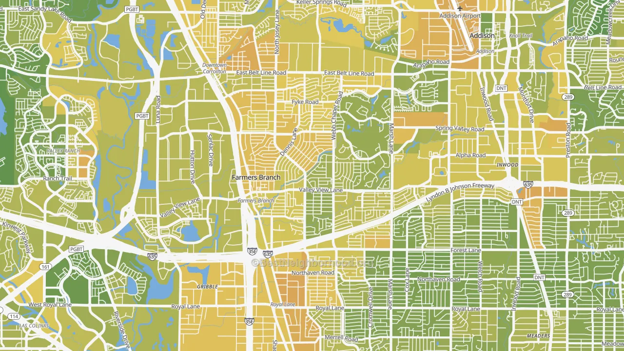 Map of the best neighborhoods in the Farmers Branch area, with better matches in green and worse matches in red