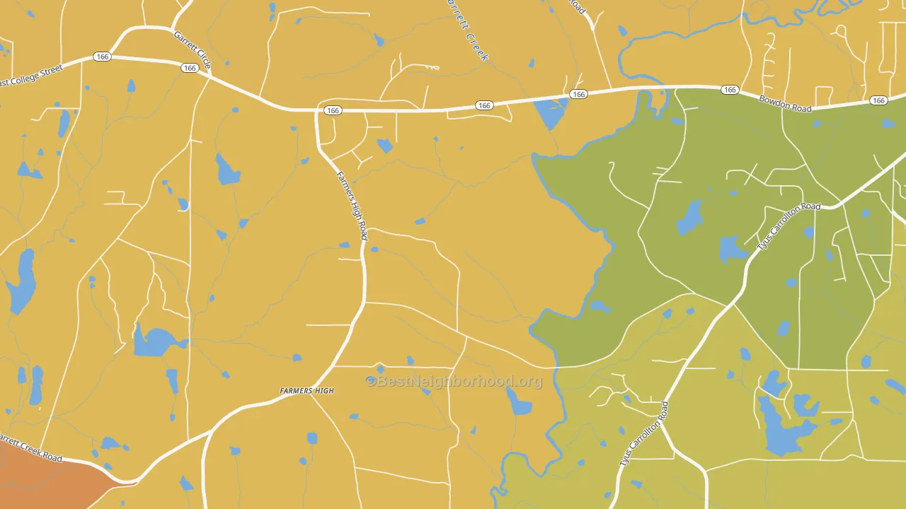 Map of the best neighborhoods in the Farmers High area, with better matches in green and worse matches in red