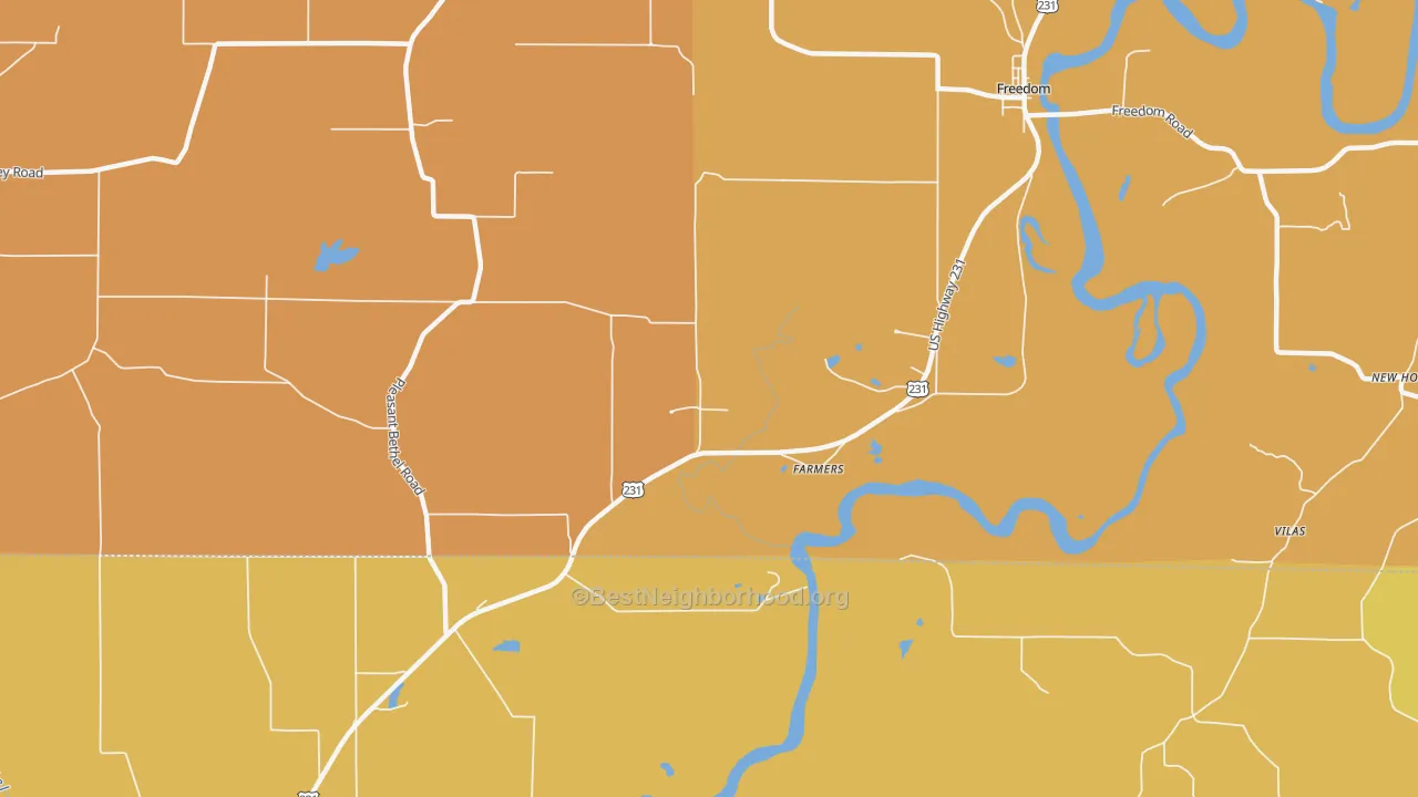 Map of the best neighborhoods in the Farmers area, with better matches in green and worse matches in red