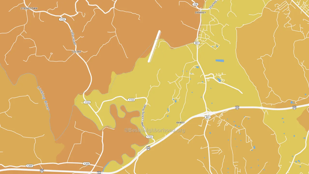Map of the best neighborhoods in the Farmers area, with better matches in green and worse matches in red