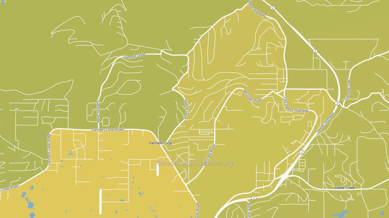 Map of the best neighborhoods in the Farmers Loop area, with better matches in green and worse matches in red