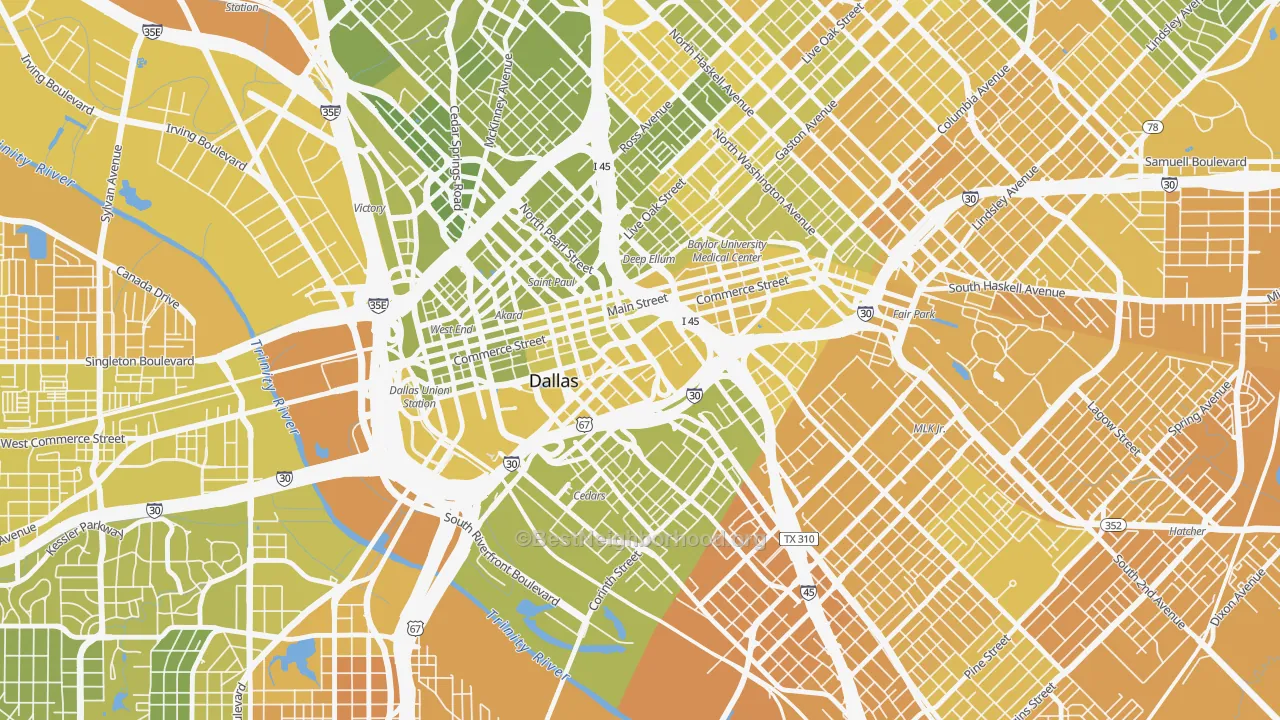 Map of the best neighborhoods in the Farmers Market District, Dallas area, with better matches in green and worse matches in red