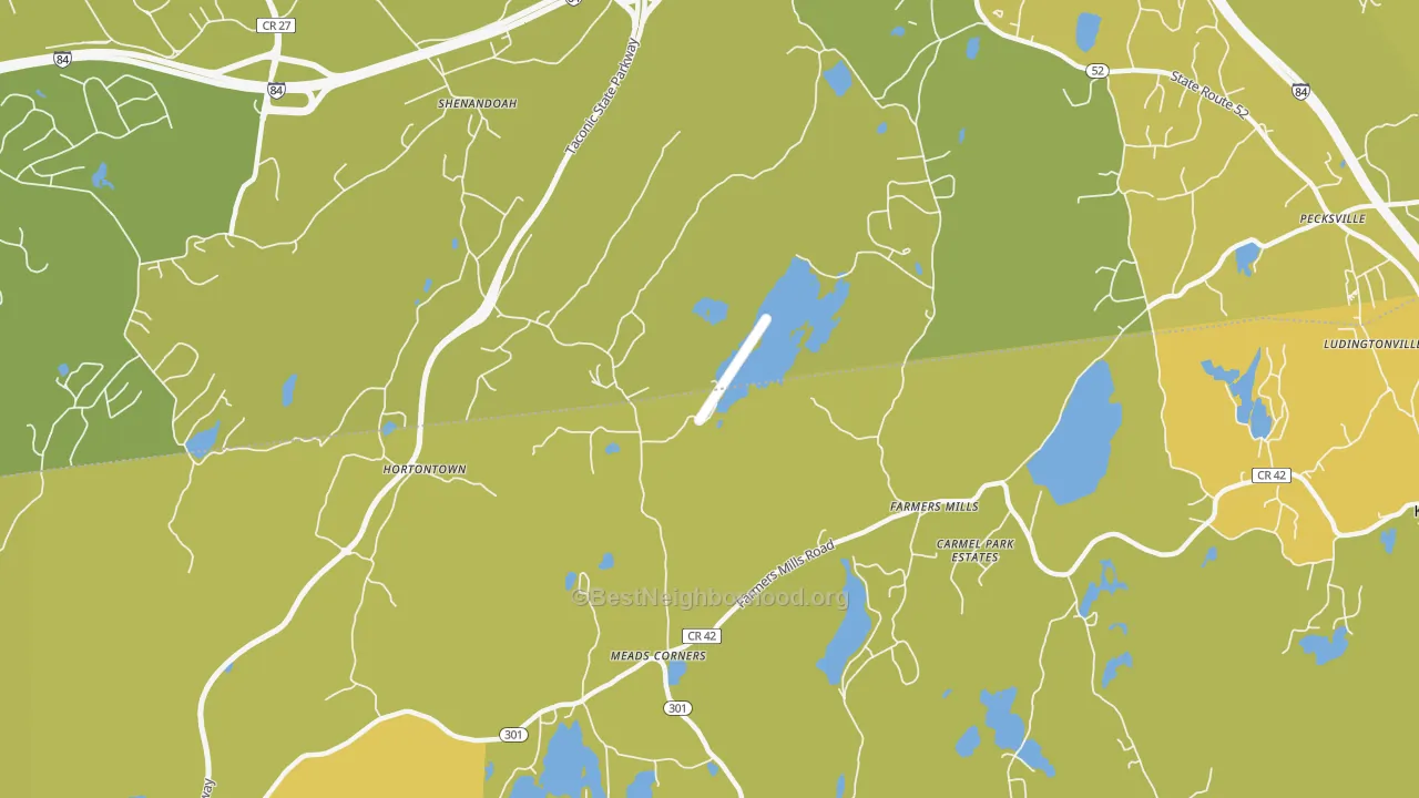 Map of the best neighborhoods in the Farmers Mills area, with better matches in green and worse matches in red