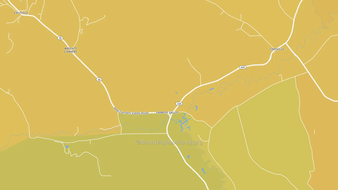 Map of the best neighborhoods in the Farmers Valley area, with better matches in green and worse matches in red