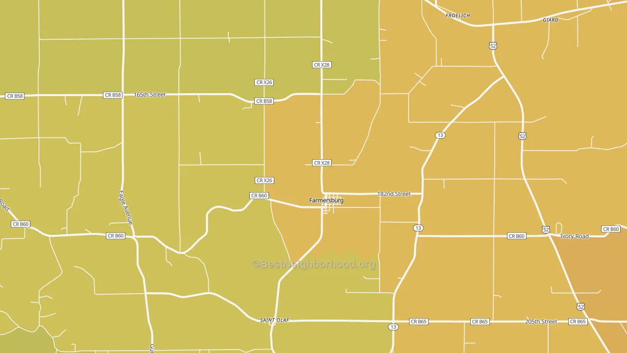 Map of the best neighborhoods in the Farmersburg area, with better matches in green and worse matches in red