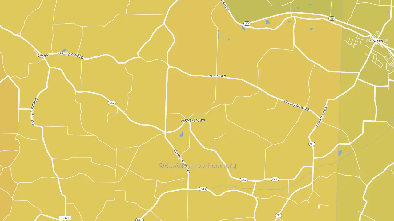 Map of the best neighborhoods in the Farmerstown area, with better matches in green and worse matches in red