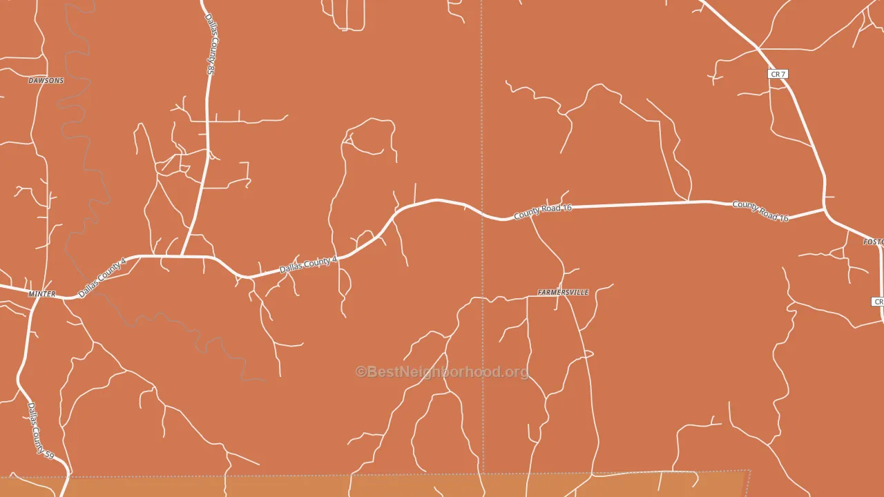 Map of the best neighborhoods in the Farmersville area, with better matches in green and worse matches in red