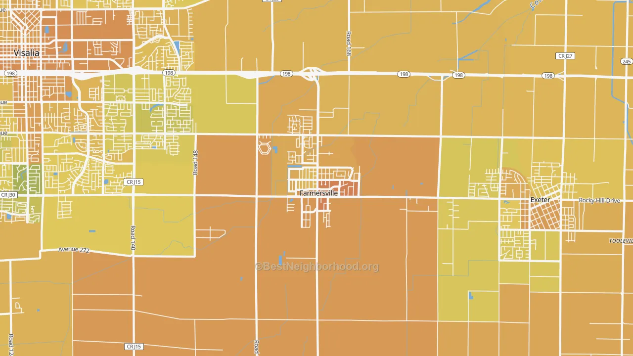 Map of the best neighborhoods in the Farmersville area, with better matches in green and worse matches in red
