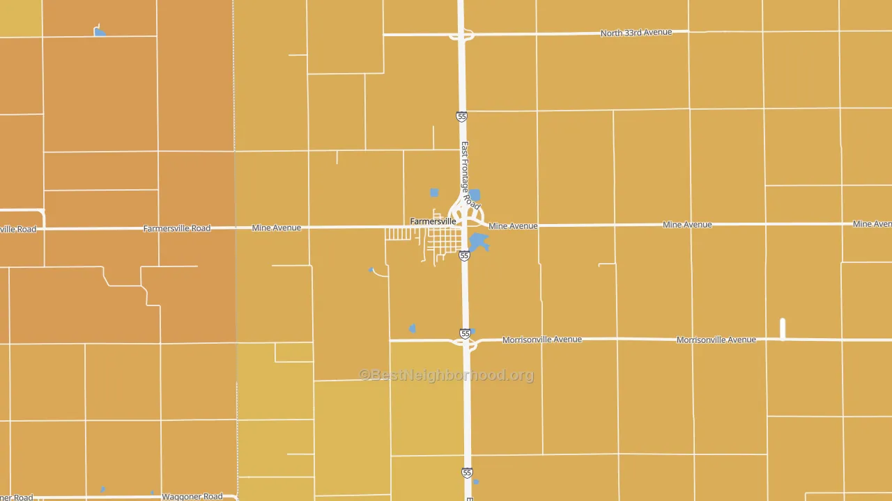 Map of the best neighborhoods in the Farmersville area, with better matches in green and worse matches in red