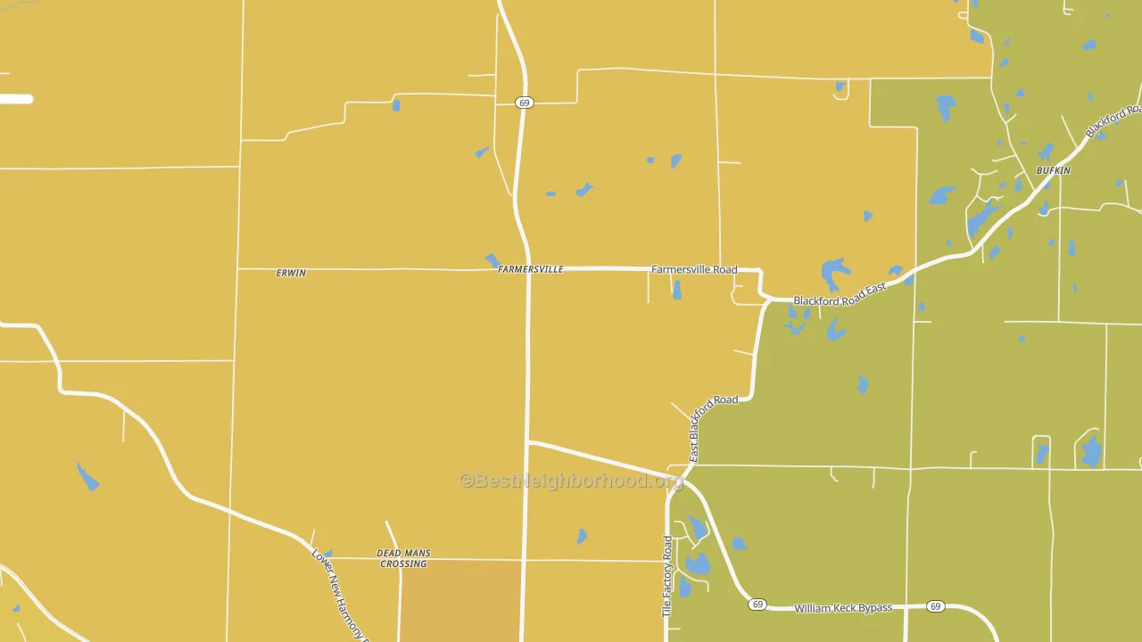 Map of the best neighborhoods in the Farmersville area, with better matches in green and worse matches in red