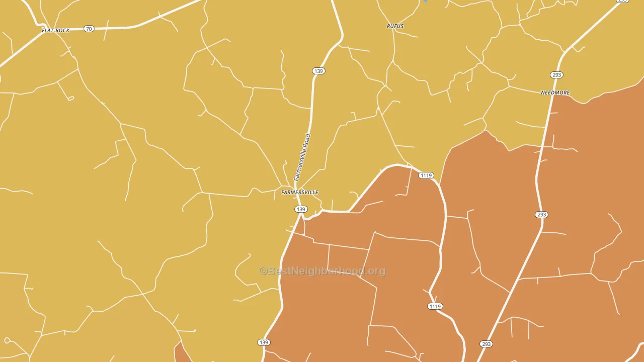 Map of the best neighborhoods in the Farmersville area, with better matches in green and worse matches in red