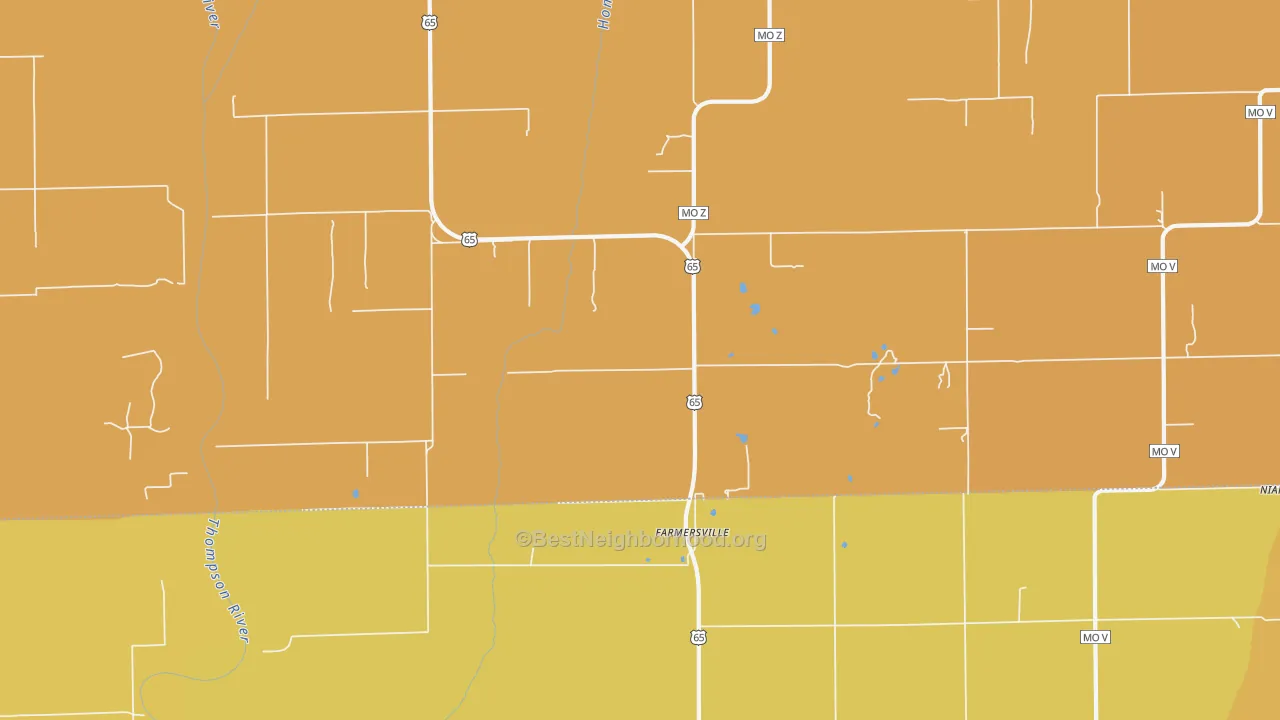 Map of the best neighborhoods in the Farmersville area, with better matches in green and worse matches in red