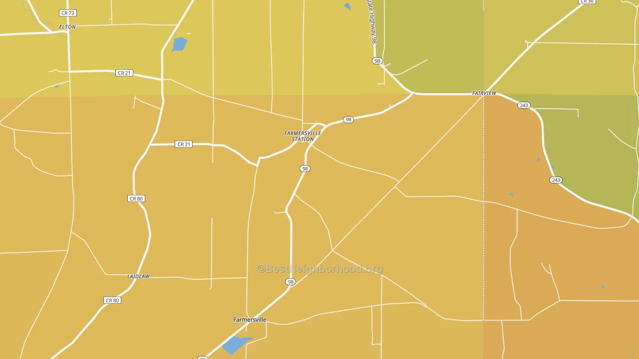 Map of the best neighborhoods in the Farmersville Station area, with better matches in green and worse matches in red