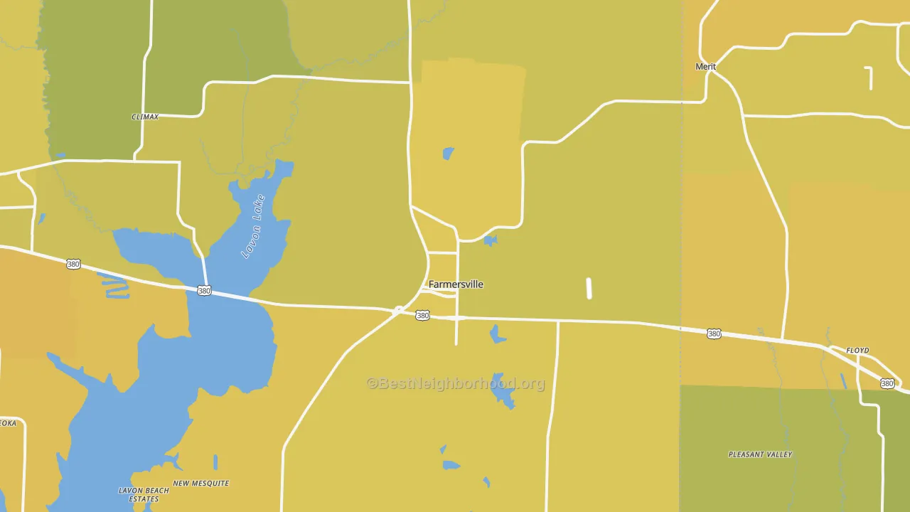 Map of the best neighborhoods in the Farmersville area, with better matches in green and worse matches in red