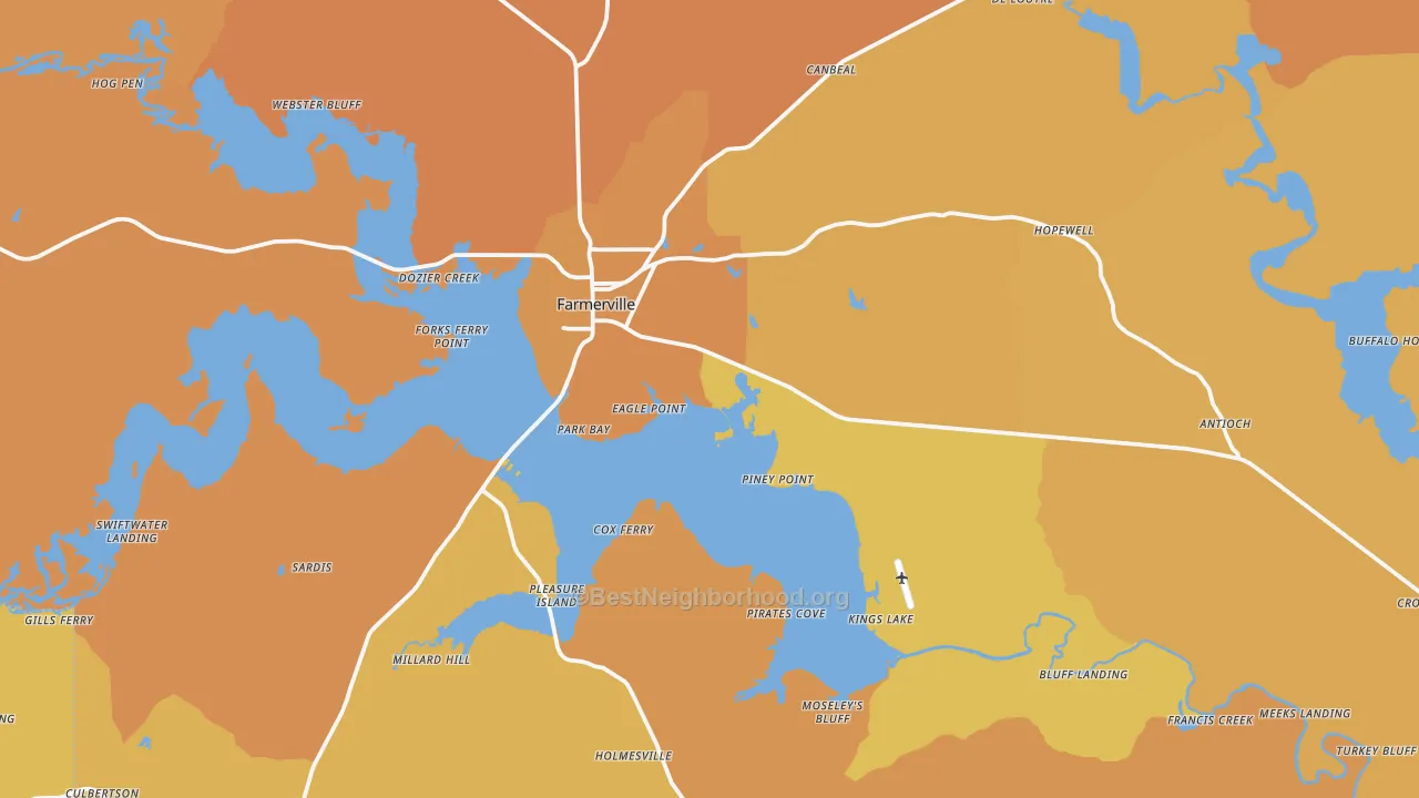 Map of the best neighborhoods in the Farmerville area, with better matches in green and worse matches in red