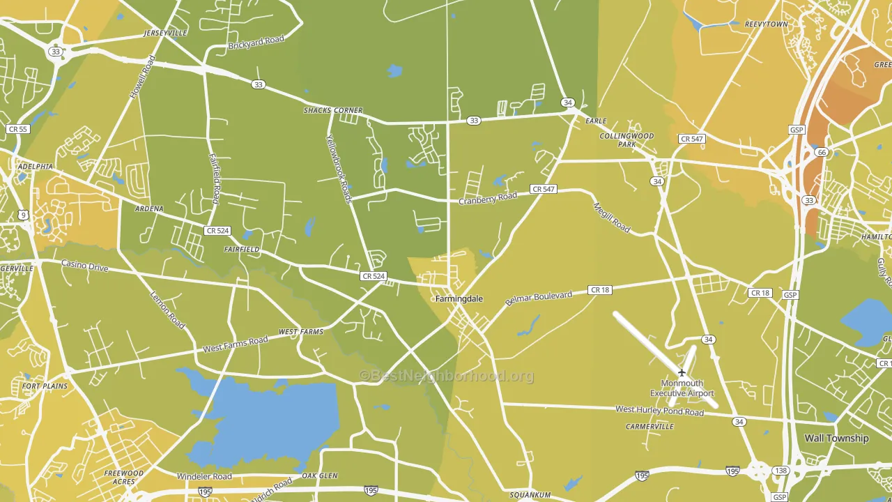 Map of the best neighborhoods in the Farmingdale area, with better matches in green and worse matches in red