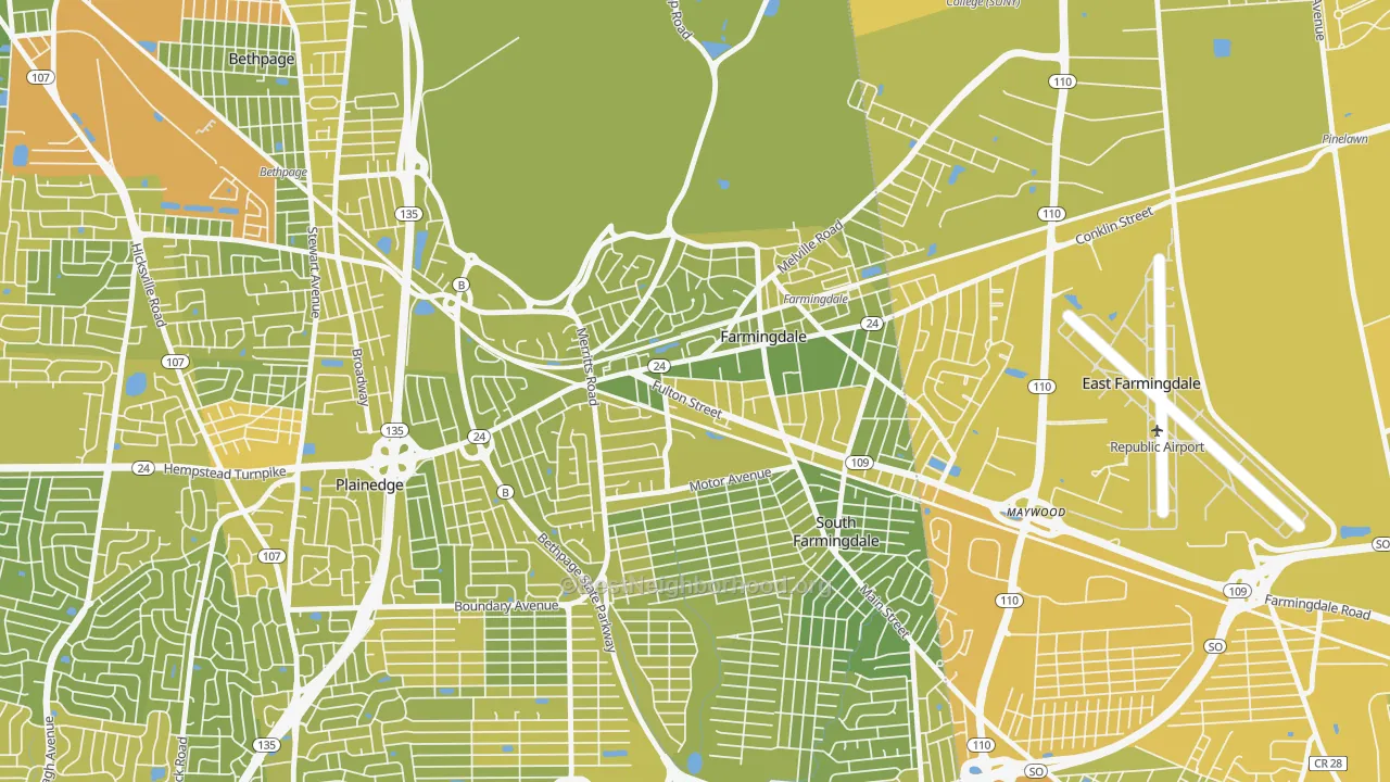 Map of the best neighborhoods in the Farmingdale area, with better matches in green and worse matches in red