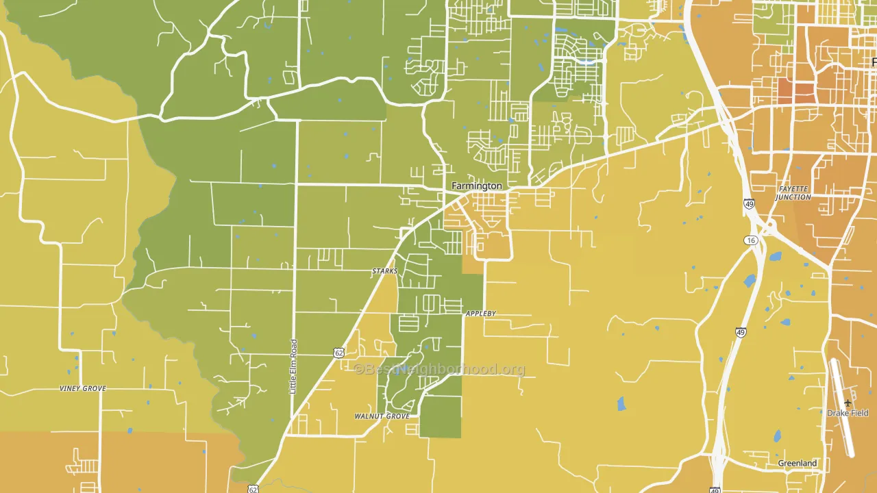 Map of the best neighborhoods in the Farmington area, with better matches in green and worse matches in red