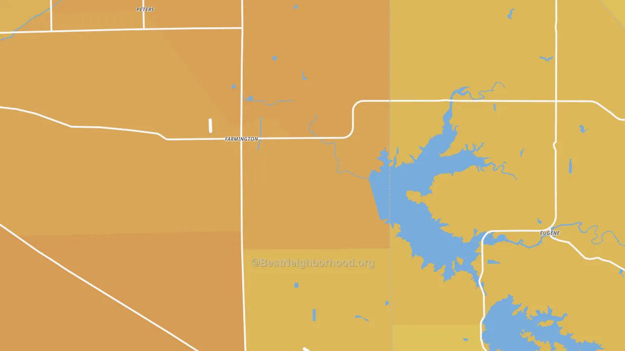 Map of the best neighborhoods in the Farmington area, with better matches in green and worse matches in red