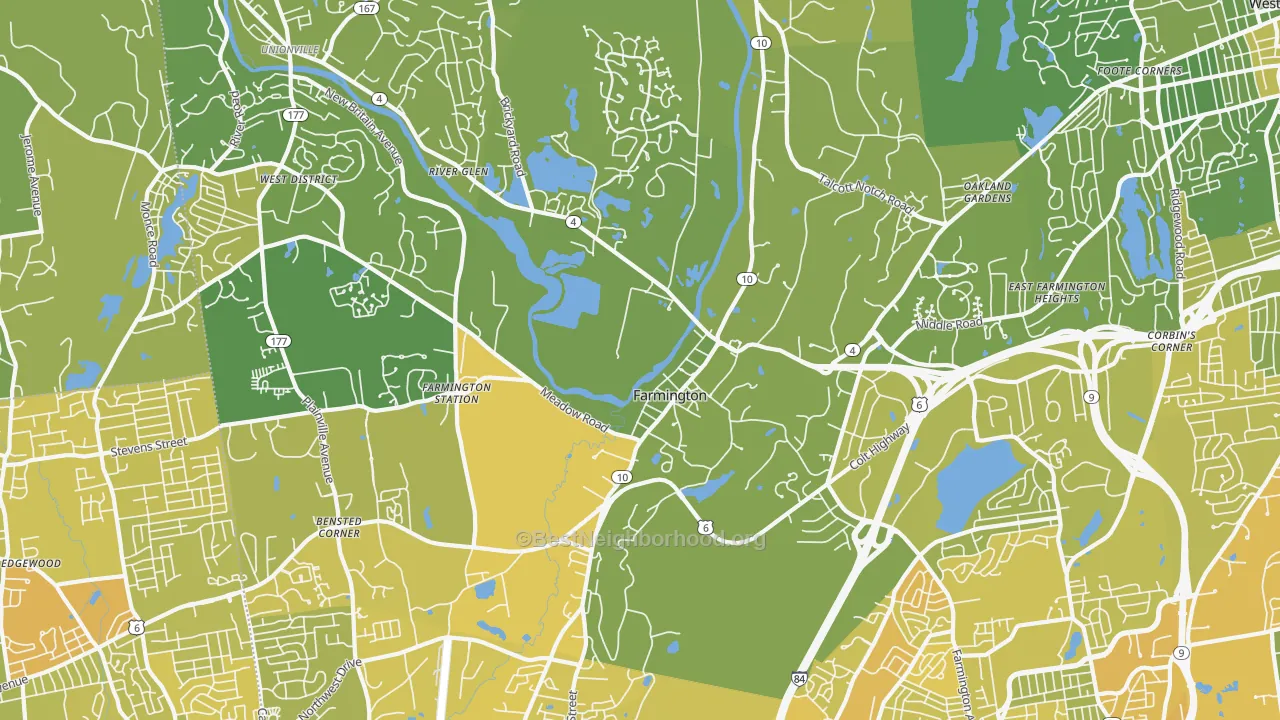 Map of the best neighborhoods in the Farmington area, with better matches in green and worse matches in red