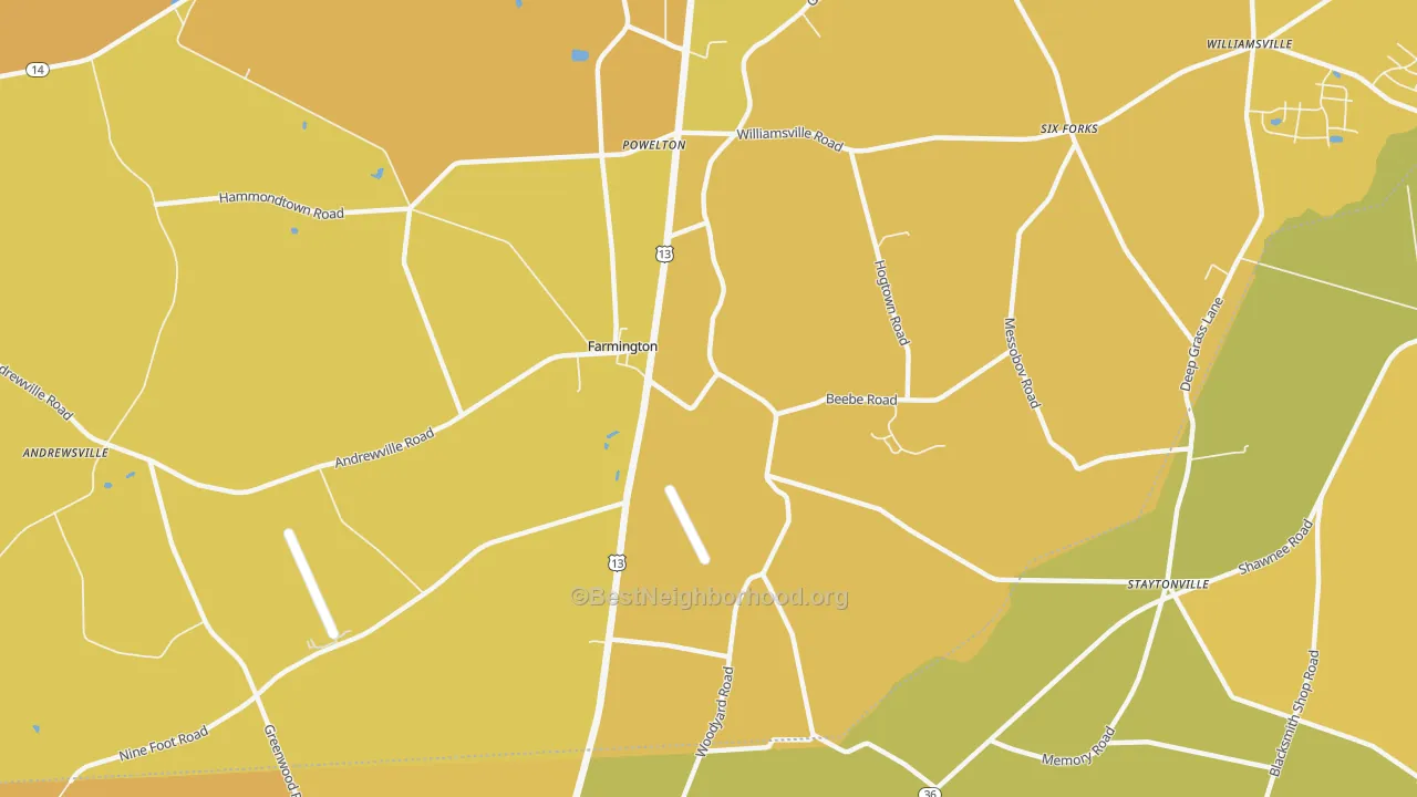 Map of the best neighborhoods in the Farmington area, with better matches in green and worse matches in red