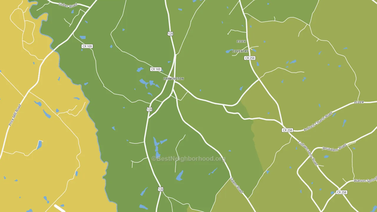 Map of the best neighborhoods in the Farmington area, with better matches in green and worse matches in red