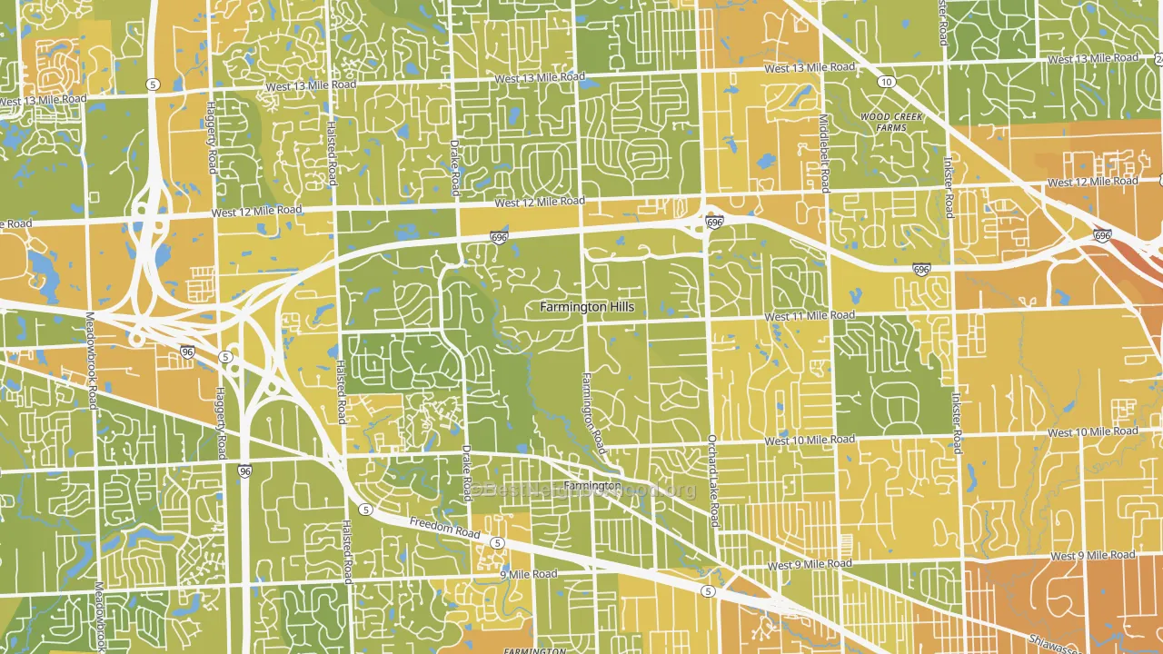 Map of the best neighborhoods in the Farmington Hills area, with better matches in green and worse matches in red