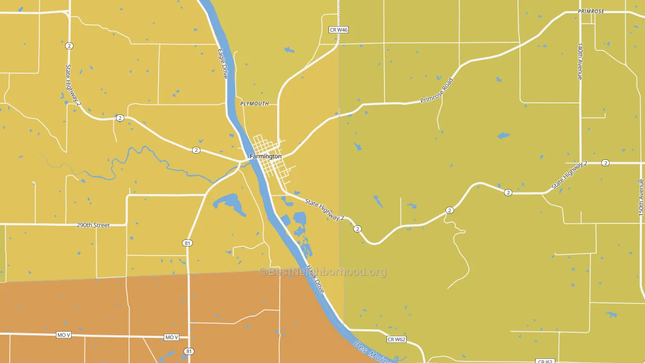 Map of the best neighborhoods in the Farmington area, with better matches in green and worse matches in red