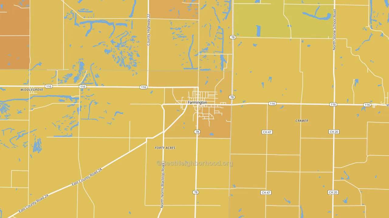 Map of the best neighborhoods in the Farmington area, with better matches in green and worse matches in red