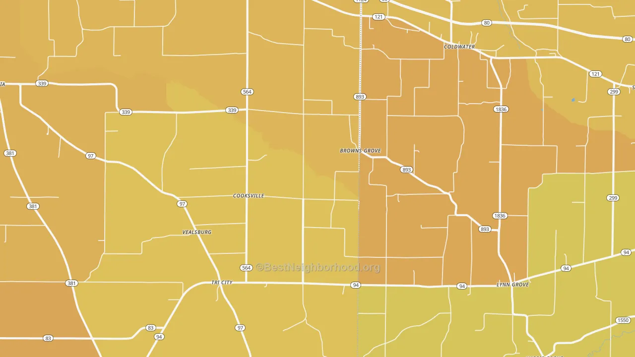 Map of the best neighborhoods in the Farmington area, with better matches in green and worse matches in red