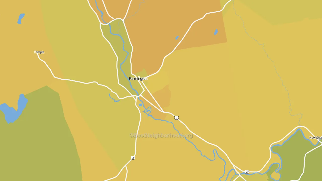 Map of the best neighborhoods in the Farmington area, with better matches in green and worse matches in red